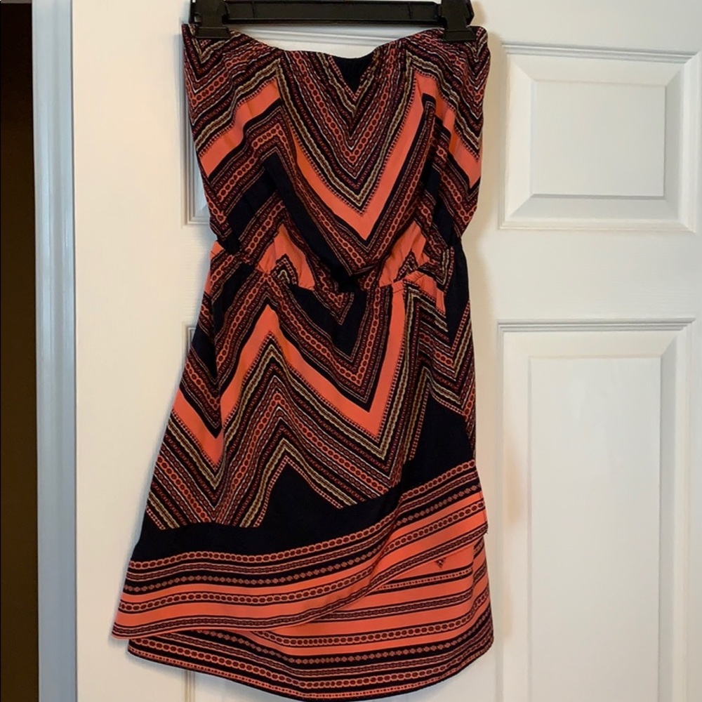 Express Coral and navy strapless dress